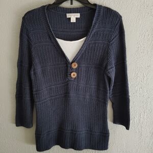 Navy V-Neck w/White Panel Long Sleeve Knit Y2K Sweater Christopher & Banks Sz M